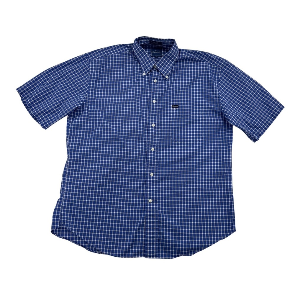 Faconnable Button Down Shirt Mens XL Blue White Checkered Cotton Short Sleeve